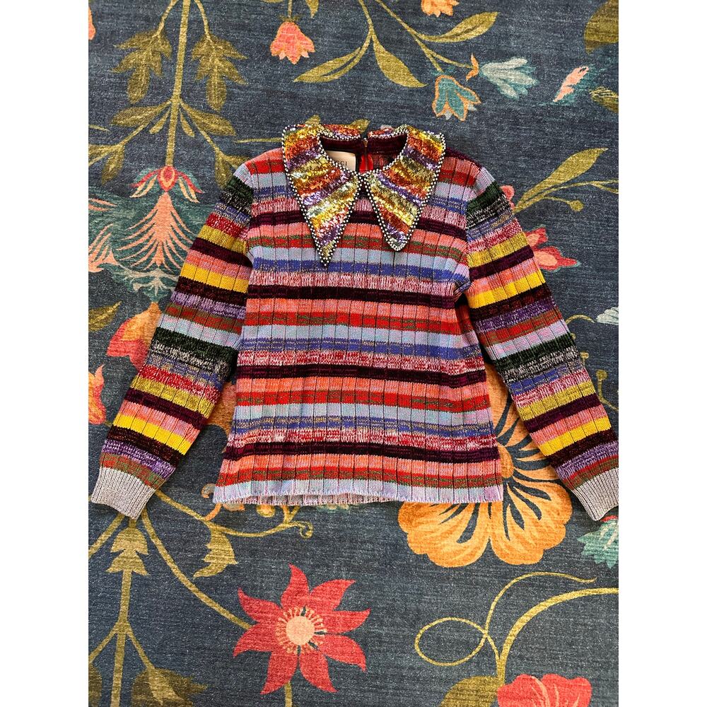 Authentic Gucci Striped Wool Sequenced Rainbow Collar Sweater Size Medium - Picture 2 of 9